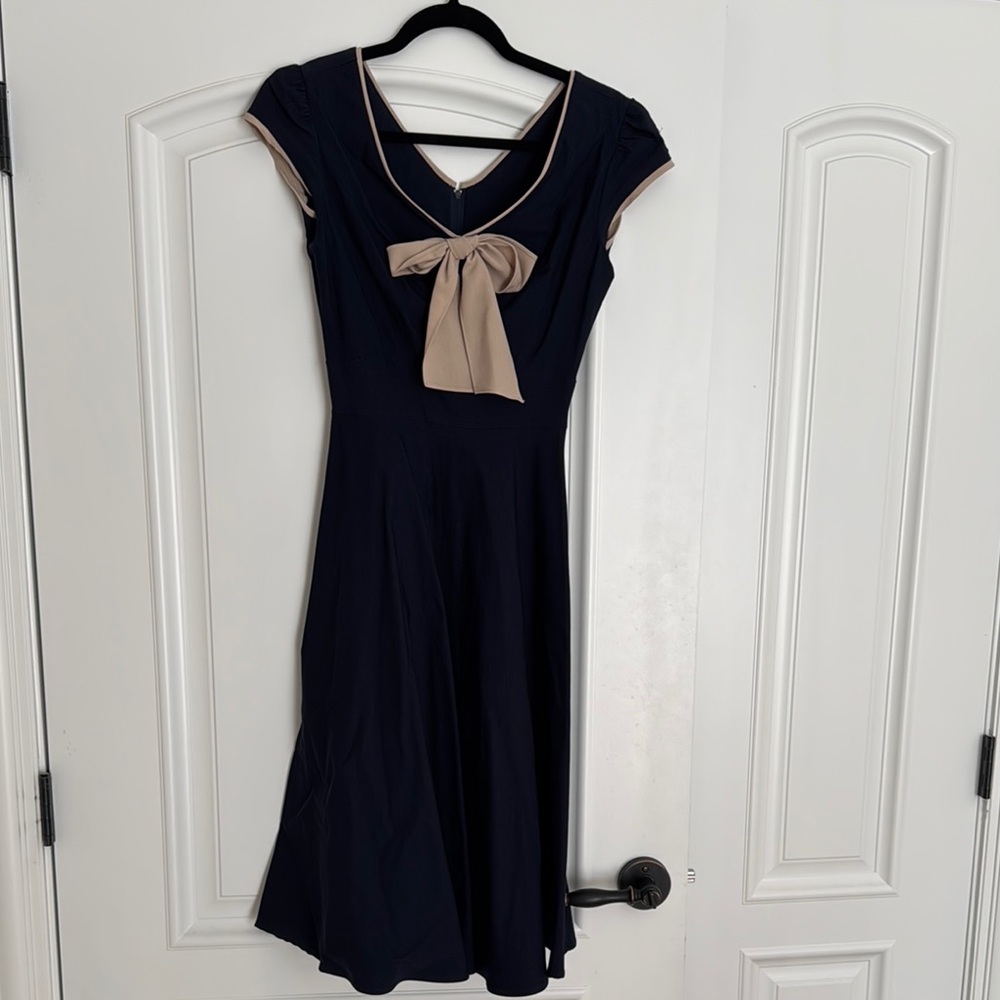 Stop staring Elegant Navy Dress with Beige Bow
